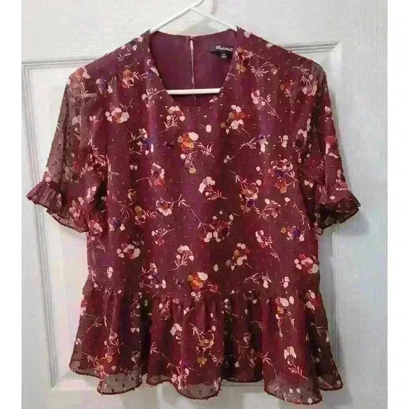 Madewell Ruffle Peplum Swing Top In Clipdot Maroon Carnation Toss. XS - Picture 4 of 13
